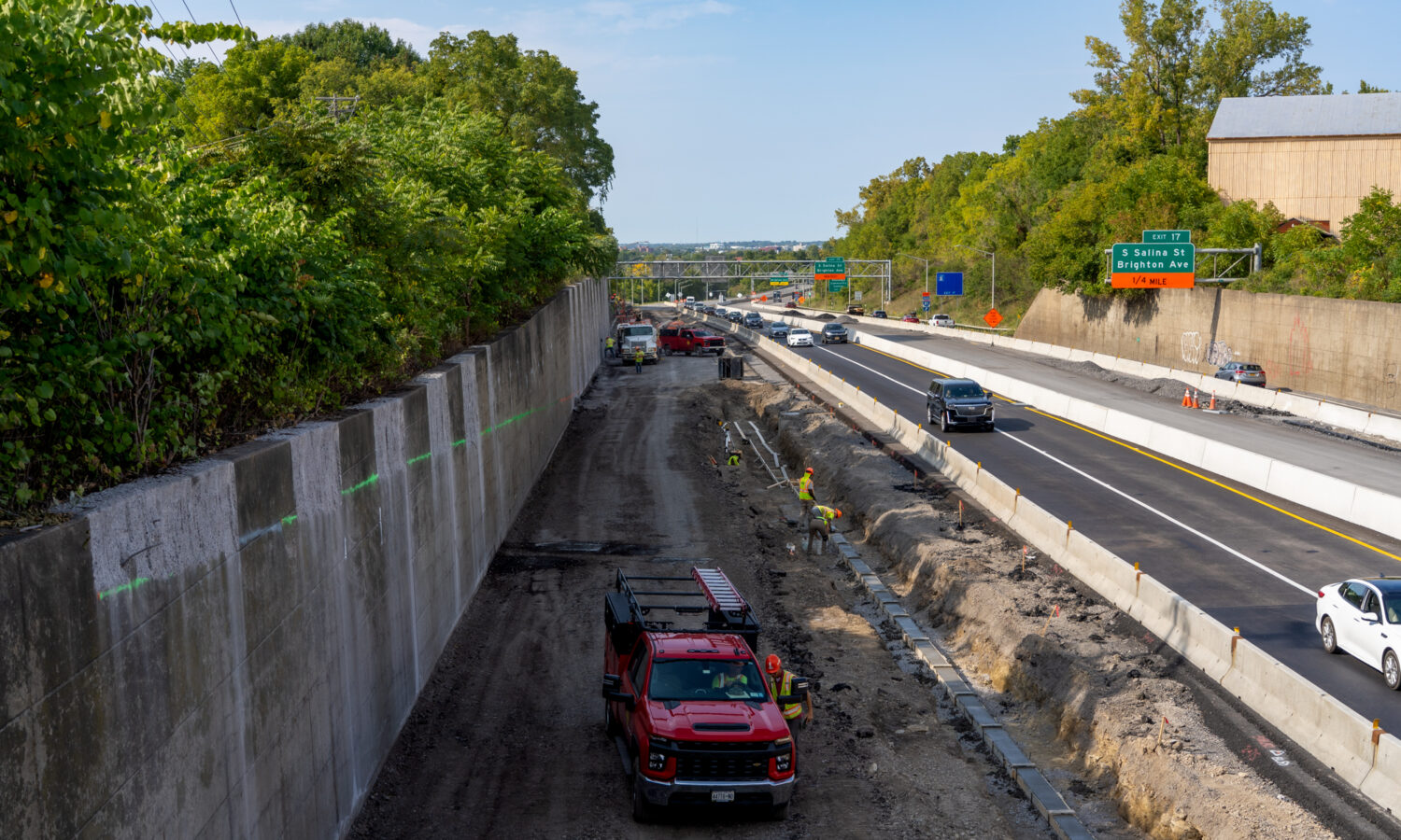 Construction on left, open traffic on right of highway.