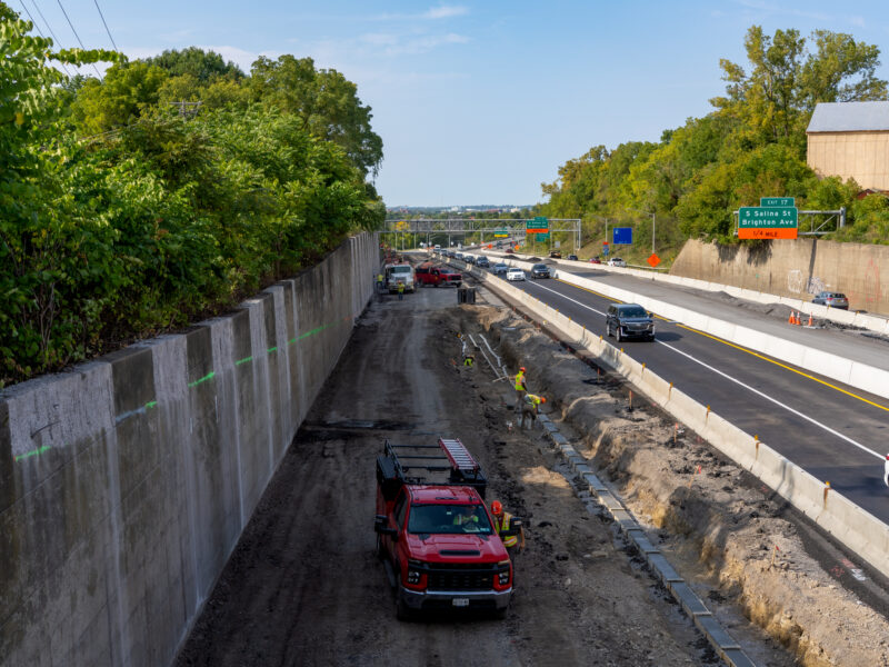 Construction on left, open traffic on right of highway.